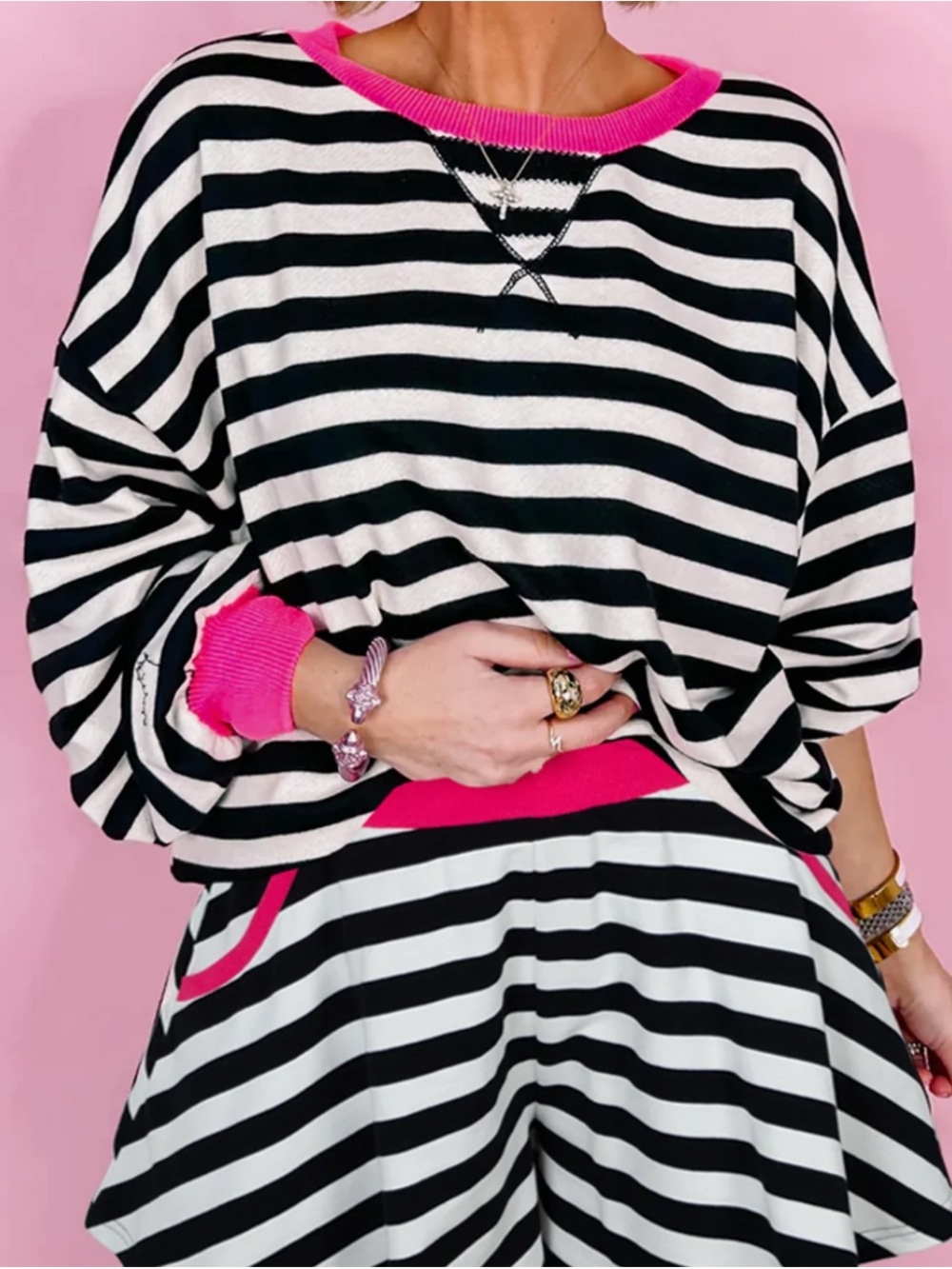 Black & White Striped Top and Shorts Set with Hot Pink Trim